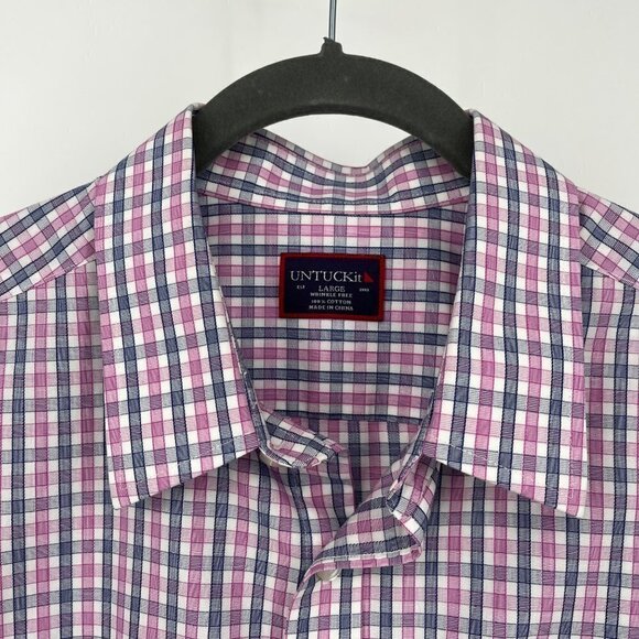 UntuckIt Mens Pio Cesare Button Up Shirt Size L Wrinkle Free Pink Blue Plaid - Picture 3 of 7